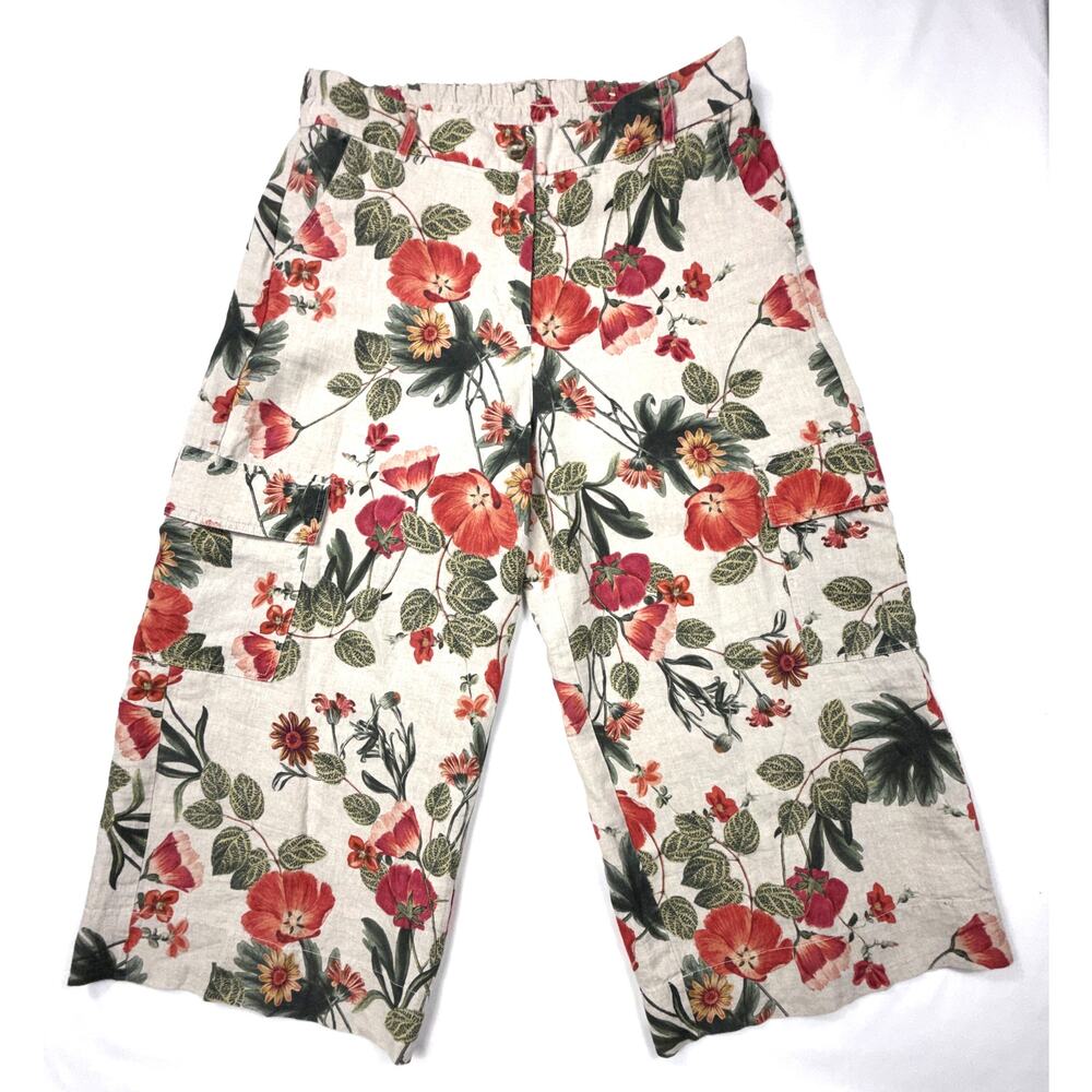 Chico Linen Cargo Wide-Leg Pants Floral Capri Elastic waist Size 2.5 USA Size 14